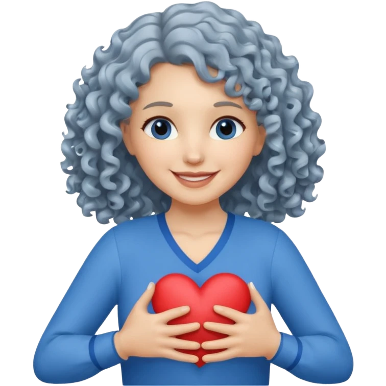 Silver, wavy/curly hair chin-length lady giving hug with 2 arms, blue v-neck and smiling, add a heart, not blue hair emoji