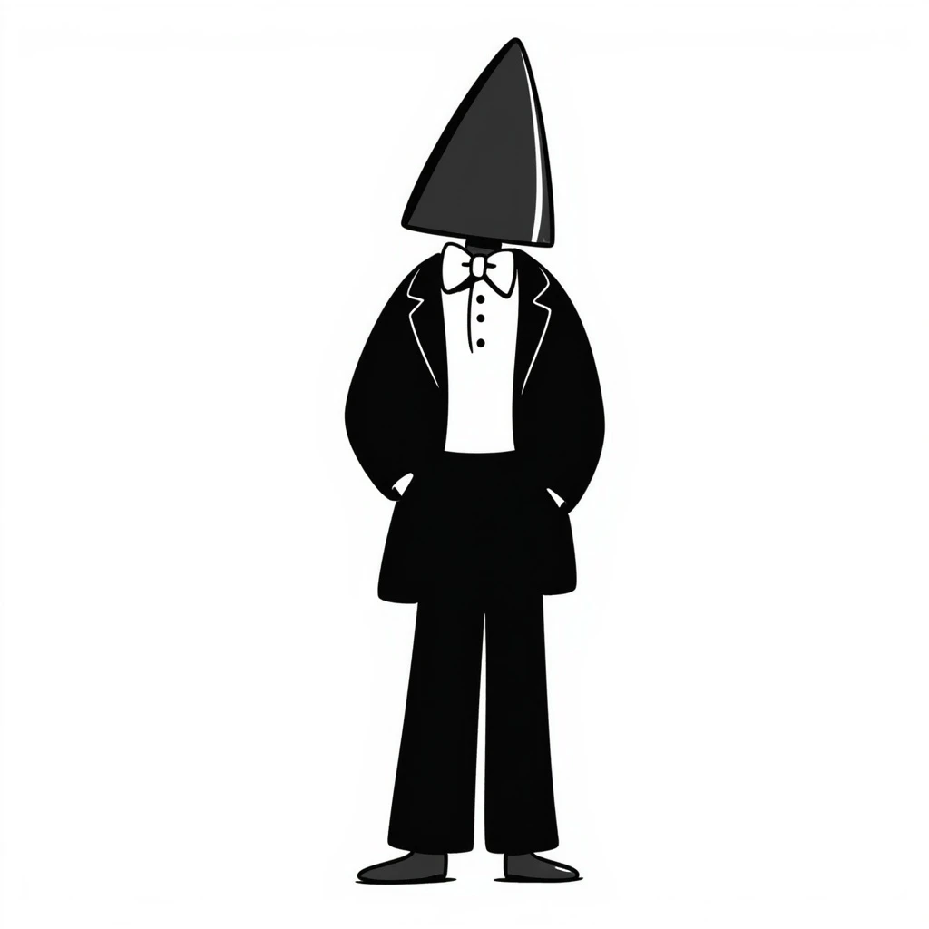 Coneheads man with a cone-shaped head, wearing a bow tie, hand-drawn doodle style emoji