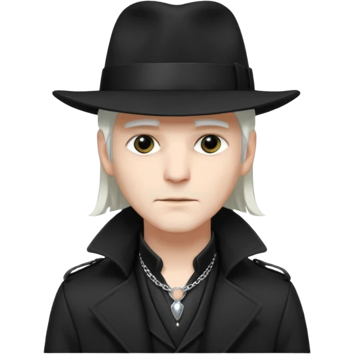 Male Goth with Fedora
 Sleek long hair, white skin, black trench coat, silver necklace visible under coat, white long hair emoji