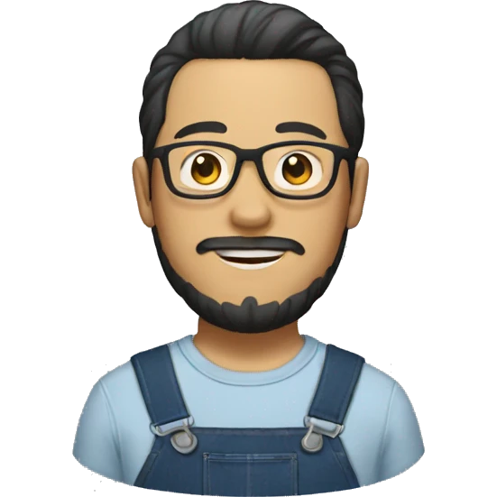 an Asian man with a beard and glasses, wearing an overall and a man bun emoji