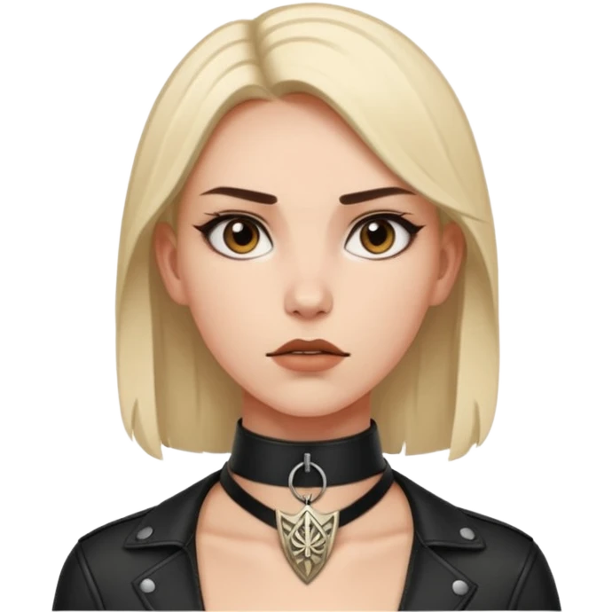 Leather choker with sigil around woman’s neck, pulse visible, dominance tone emoji