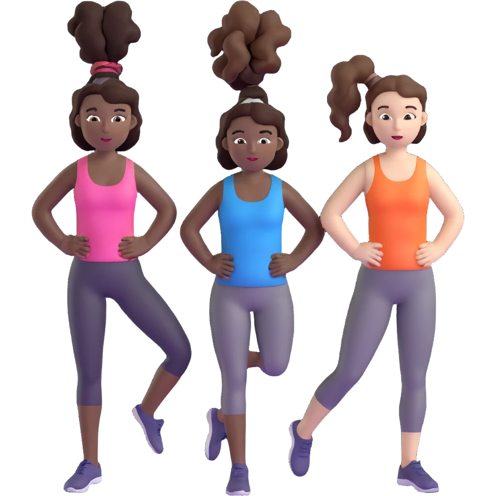 3 women exercising. The woman on the left has pale white skin and curly brown hair in a ponytail. The woman in the middle has black skin and curly black hair. The woman on the right has pale white skin and straight, brown hair in a ponytail. emoji