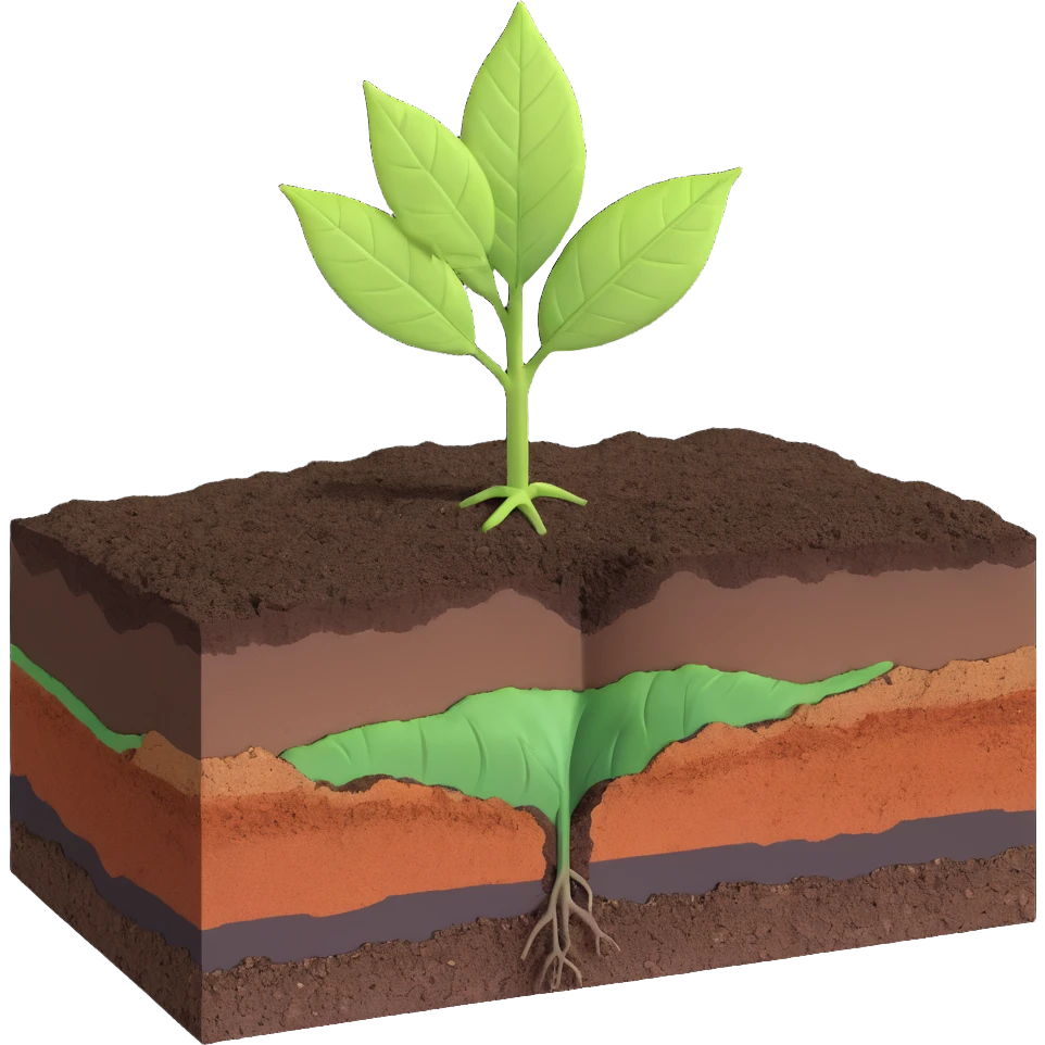 A fresh green leaf resting on the surface of a cross-section of the Earth, where soil and underground layers are visible beneath. Natural lighting, realistic textures. emoji