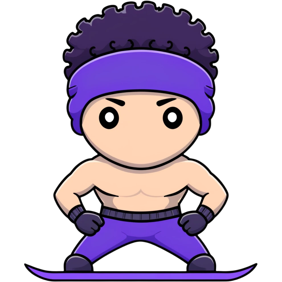 shirtless athletic man with white skin and black curly hair, wearing a purple ski mask emoji