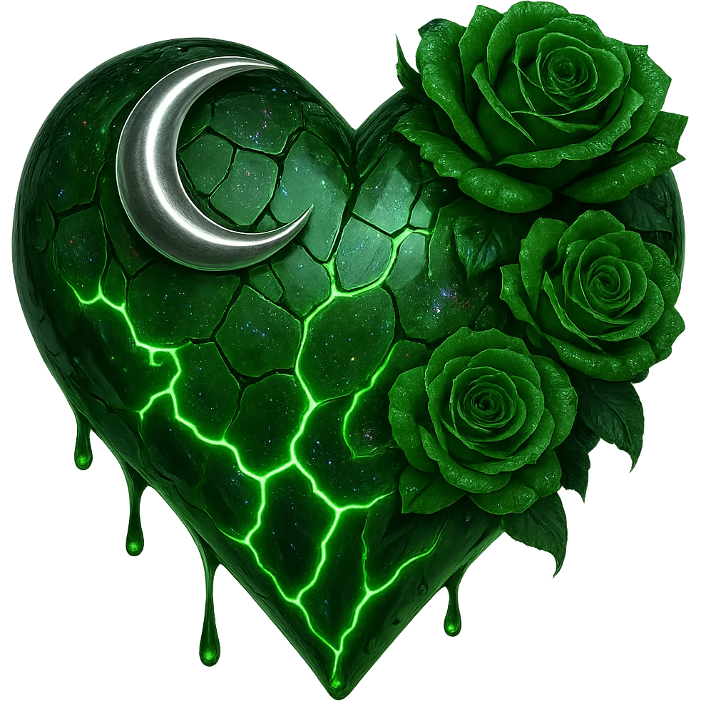 Edit the gothic heart to use fractured deep green glass, silver crescent moon, green roses, iridescent holographic stardust, neon lightning bolts, and a wet, shiny finish. Keep the background transparent. The style should maintain the gothic heart's original look with a transparent background. emoji