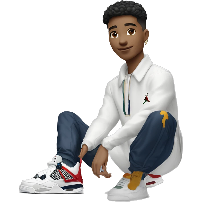 Jeune garçon clair de peau avec un taper des Jordan 4 un outfit américain des bijoux pour homme et u e sacoche Lacoste  emoji