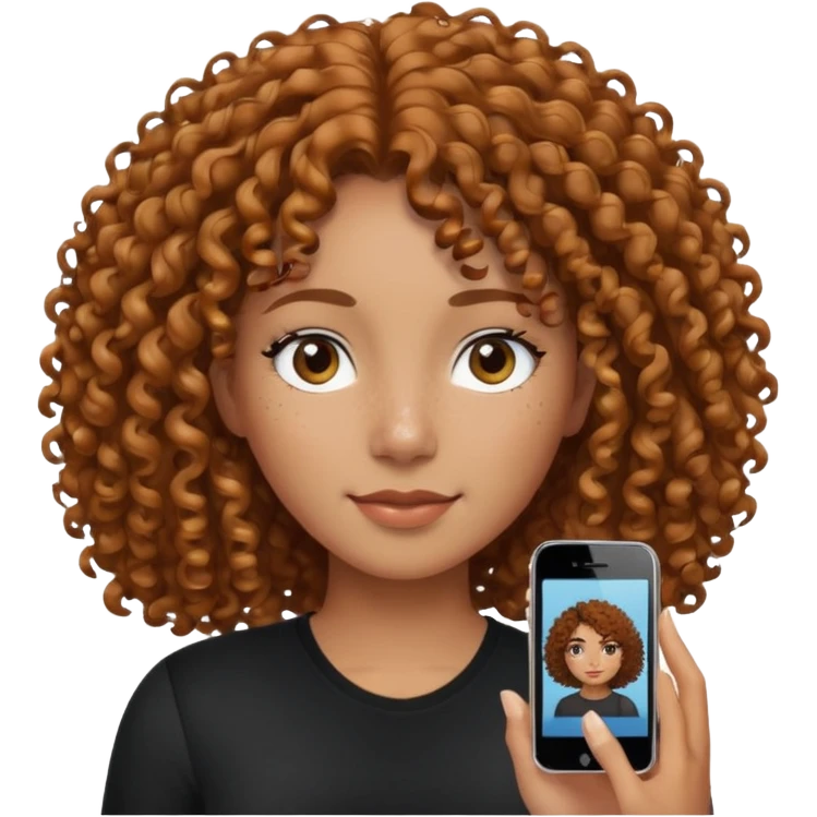 iPhone-style avatar icon of a woman with curly hair, medium brown skin, a few freckles on her face, wearing a black shirt, modern and friendly emoji