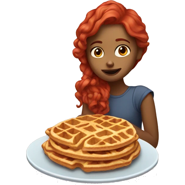 A girl with a red hair eating waffles  emoji