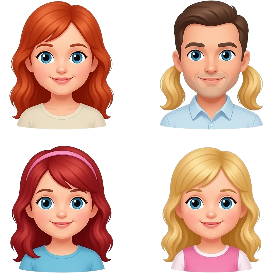 White Mom red hair, White Dad, blonde Head 8 year old girl, Red hair 11 year Girl, blonde year old girl emoji