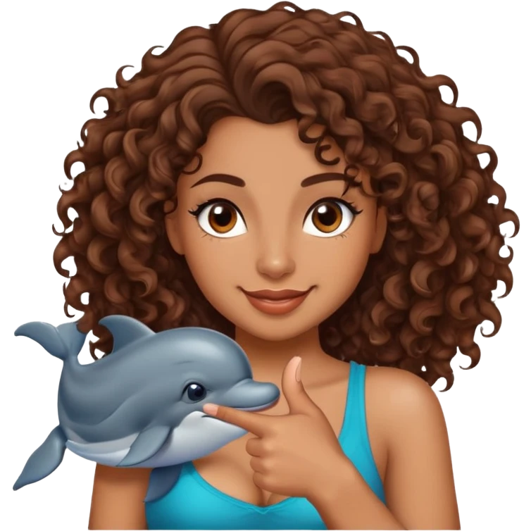 One piece style of a girl  with brown medium length to her boobs curly hair a tatto in pin of a dolphin on her left shoulder doing a thumbs up winking brown eyes and laying color skin  emoji