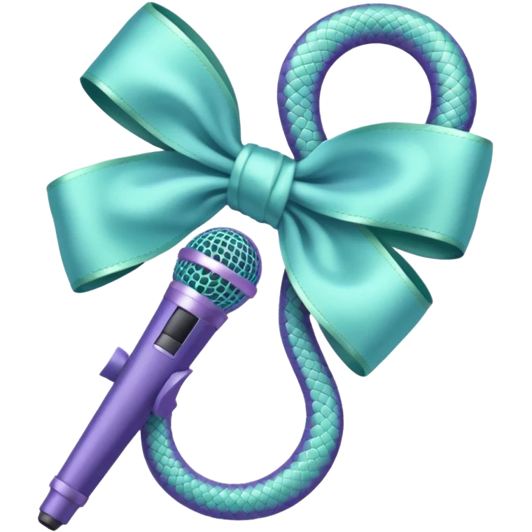 A pastel blue bow with a pastel a pastel green snake at the top of one side and a pastel purple microphone on the bottom of the other side of the bow emoji