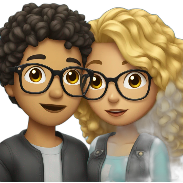 boy with curly blonde hair and glasses kissing girl with wavy black hair and glasses emoji
