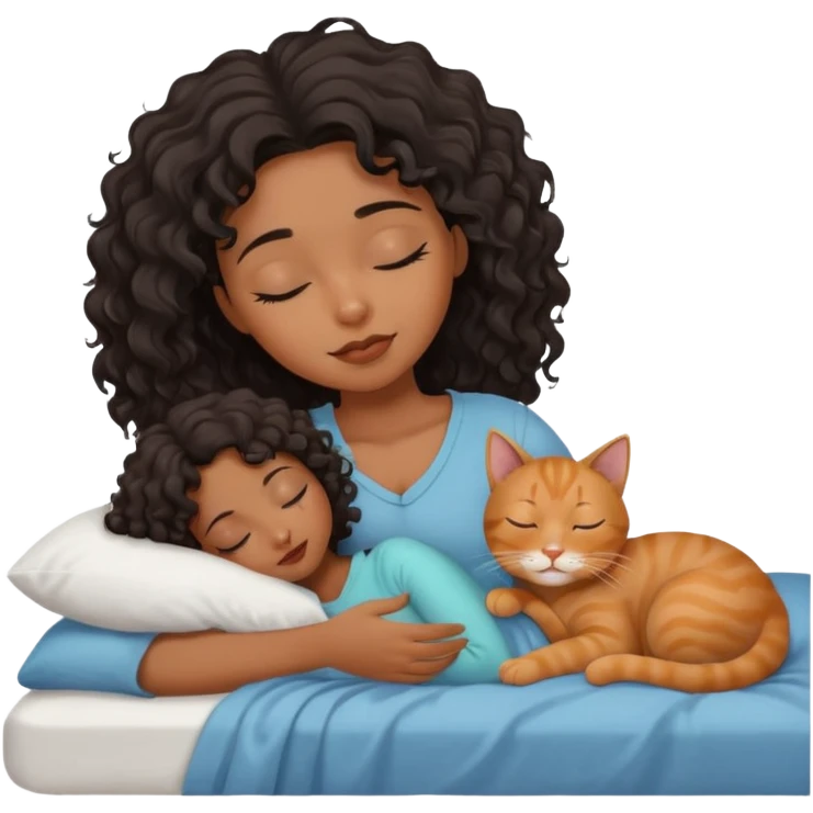 sleeping pretty black wavey hair girl in the bed, her cat is working instead of her emoji