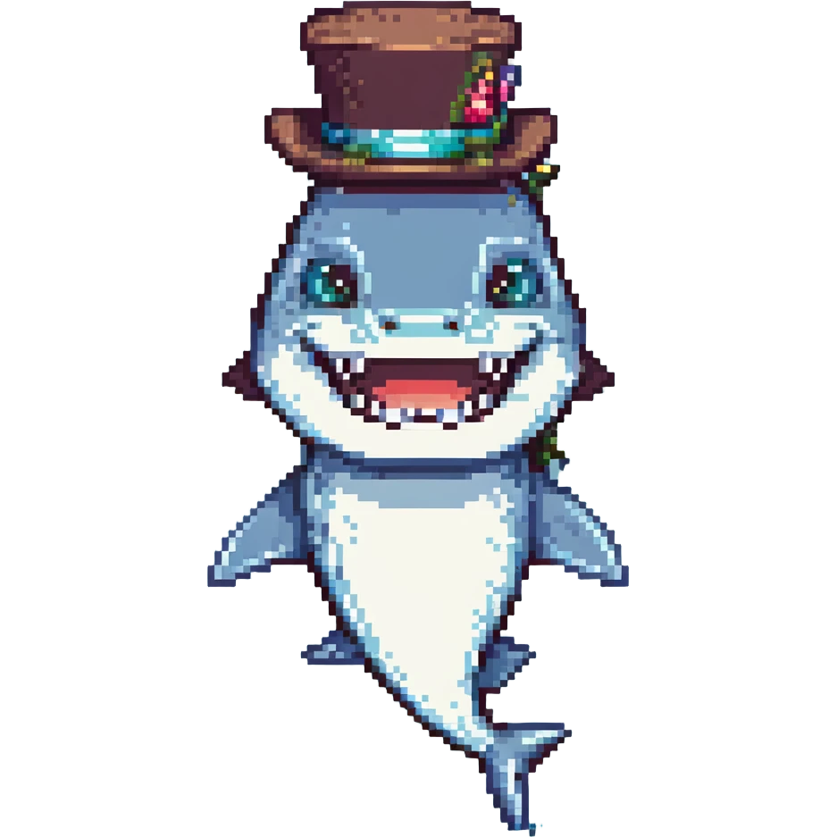 pixel art shark in a tophat, smiling emoji