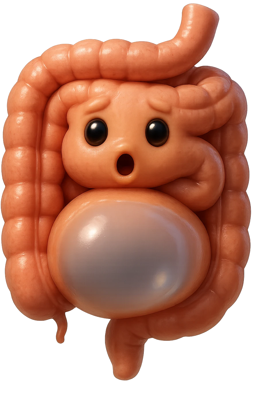 emoji stile iphone di un intestino che ingoia una nuvoletta di aria ben visibile e gli si gonfia la pancia, non fargli il naso, iperrealistico 4k emoji