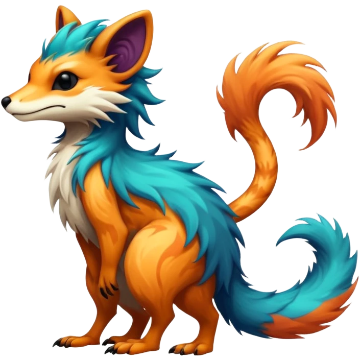 Cool randomly colored colorful furry anthropomorphic fantasy-Vernid-creature by LiLaiRa with a long tufted tail with edgy markings (full body) emoji
