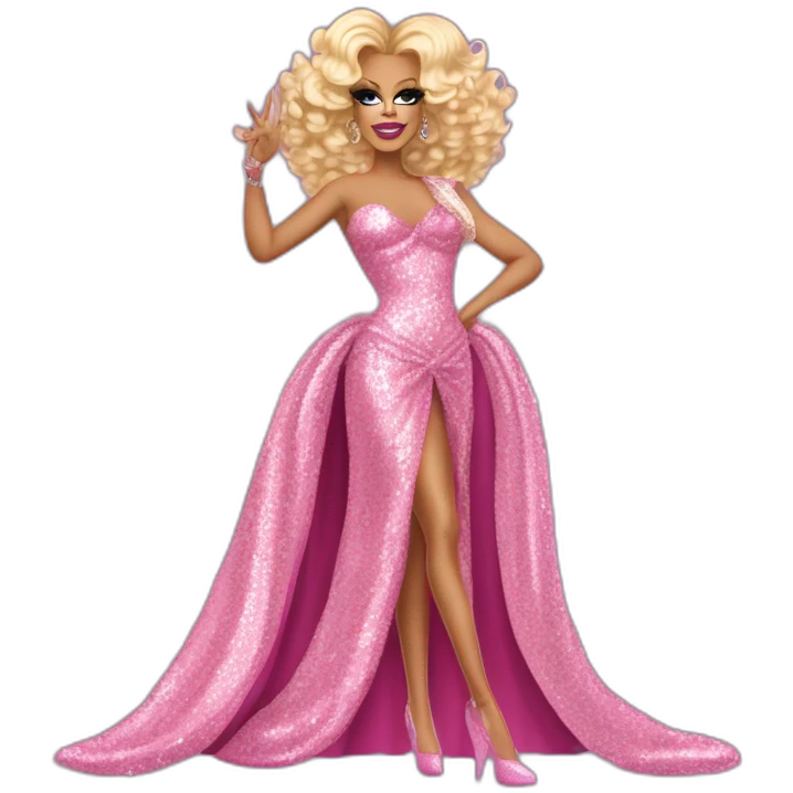Drag queen Rupaul, curly blonde hair styled swept to the right. Full body, pink sequin dress, posed standing with left hand on hip, right hand raised in the air. Iconic, legendary emoji