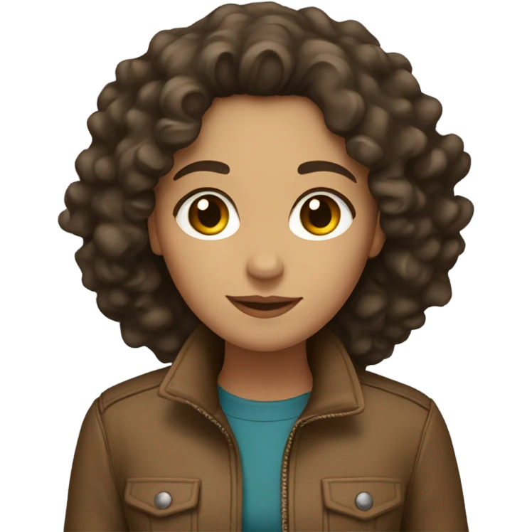 Brunette girl with curly hair and a brown jacket on emoji