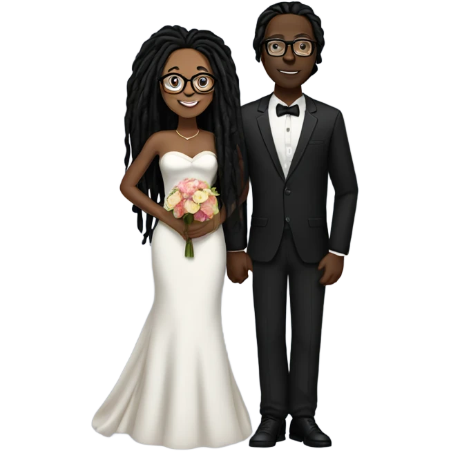 black couple with long black locs, dark skin woman with glasses full body wedding emoji