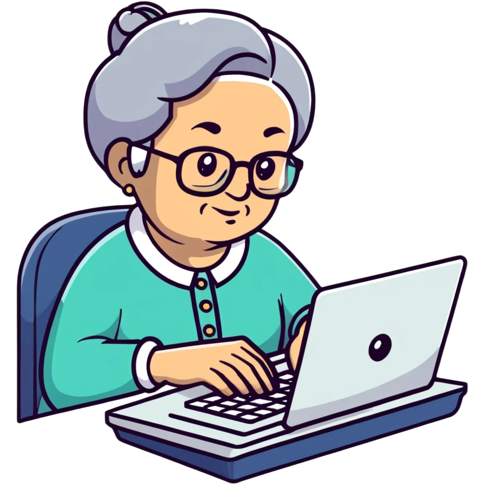 grandma typing on a computer on black background emoji