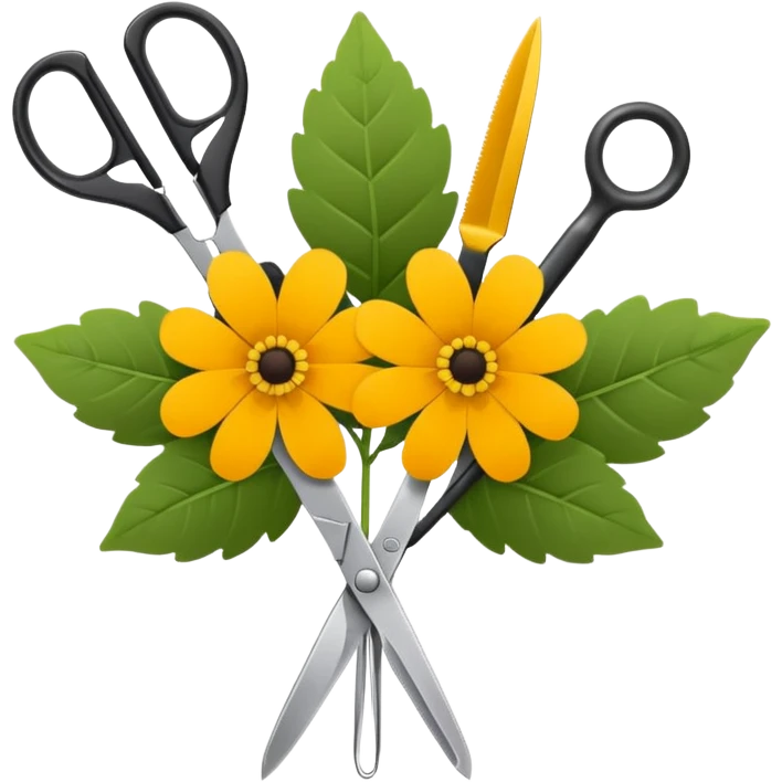 Minimalistic flat vector icon, iOS style, thin black contour on white background. Flower bouquet with leaves and scissors. No text, no shadows. emoji