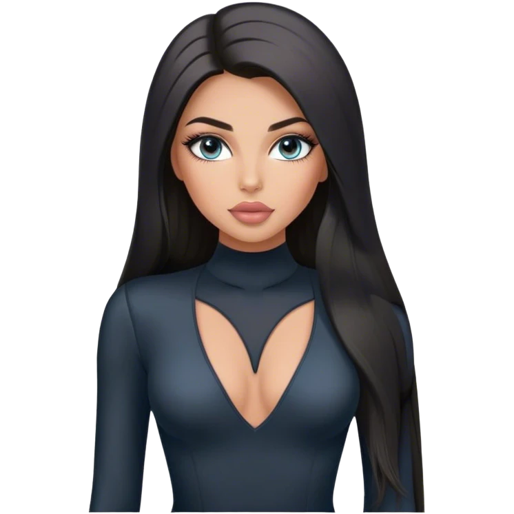 Glamours, tanned, very beautiful girl, with big pump peach-beige-rose lips, long long lashes, black straight smooth silky long hair, straight parting hair, blue-grey eyes in black long-sleeves bodysuit emoji