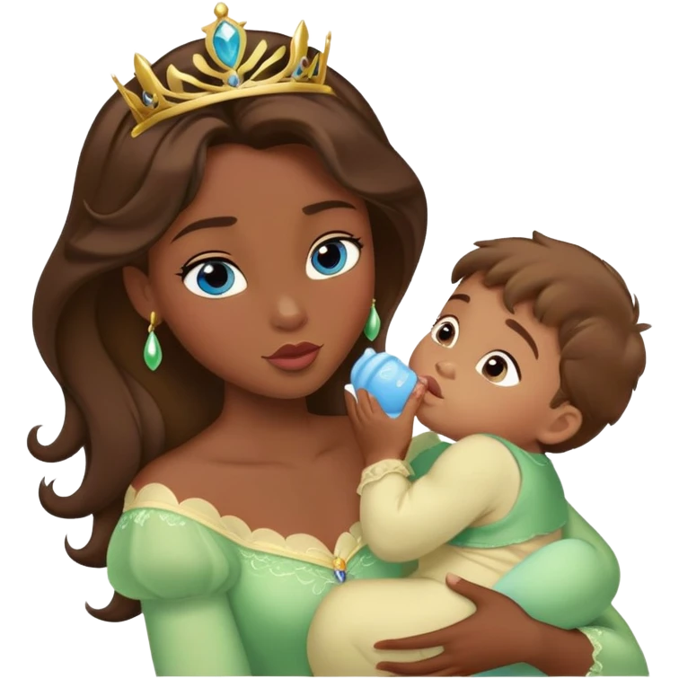 Princesa Tiana  morena pelo marrón dándose un beso con un chico rubio de ojos azules y teniendo un bebé  emoji