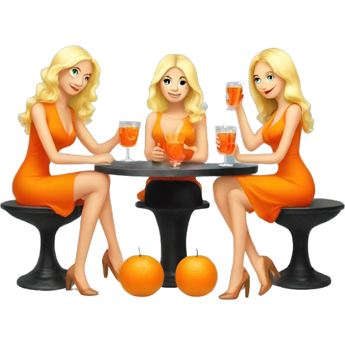 Three beautiful blond girls drinking aperol sitting on oranges emoji