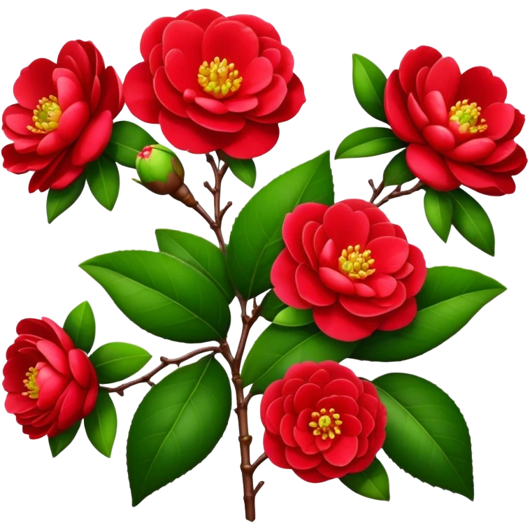 bouquet Red Camellia, luxuriant, stem, leaf, bud emoji