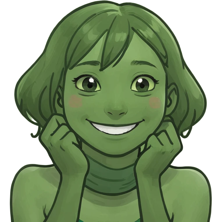 A girl with her hands around her neck and her face is smiling  emoji