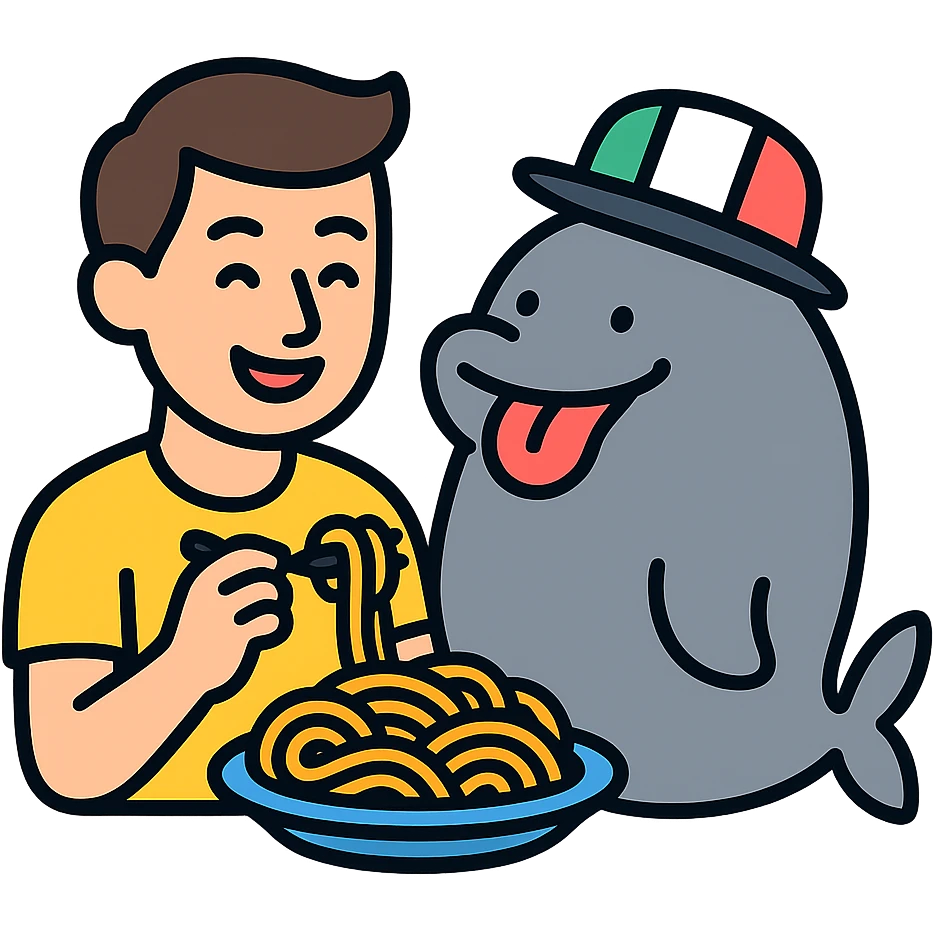 colored outline icon of a guy in Italy eating pasta with a huge, happy, fat whale of a dog wearing an Italy hat emoji