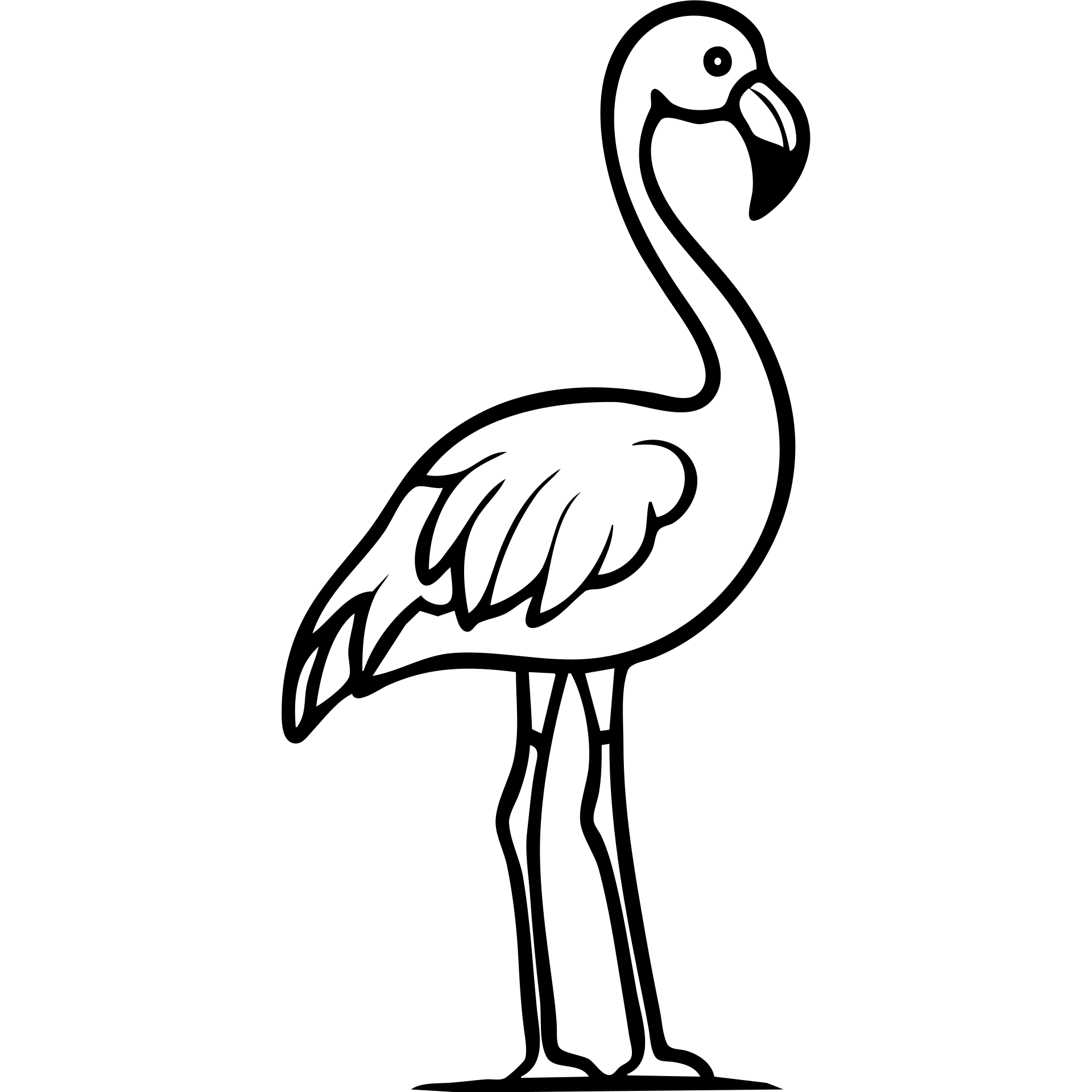 A flamingo in profile with its distinctive curved neck, slender legs, and characteristic beak. The bird is standing elegantly with one leg raised. emoji
