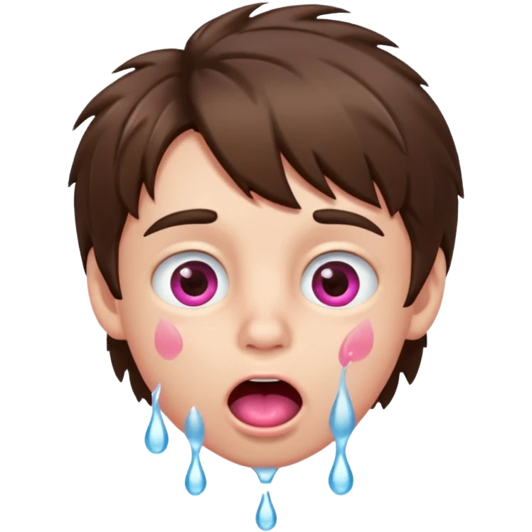 Boy with shaggy brown hair, pink eyes rolled back, mouth open , water drop dripping from lips emoji