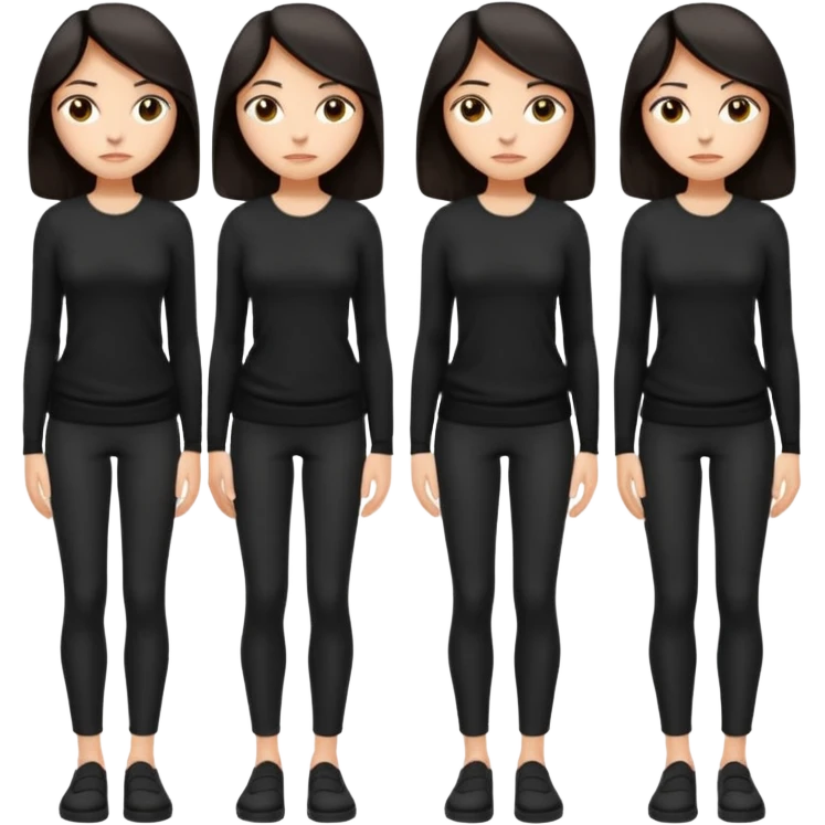Cartoon emoji of a woman with long, loose dark hair, wearing simple black clothes. Full-height, standing nervously with hunched shoulders, head slightly down, arms close or crossed, legs together, eyes looking away. Smooth, simple, stylized. emoji