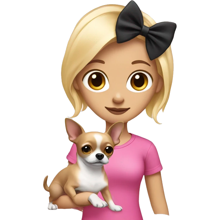  girl with blonde hair wearing a pink shirt holding a black long hair chihuahua a white bow  emoji