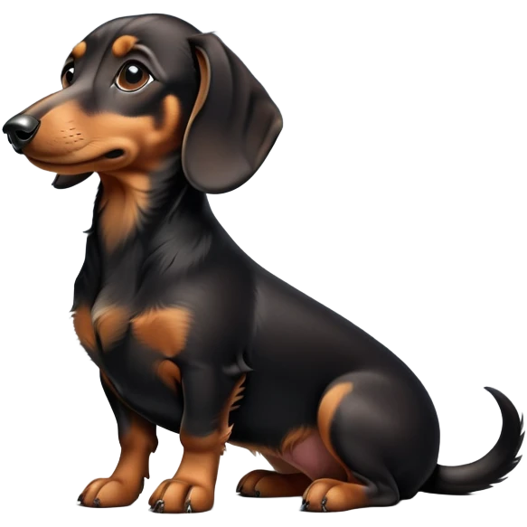 cinematic-[dachshund dog]-realistic-full-body-sitting-emoji,-tail-resting-loosely-beside-its-paws,-head-tilted-dramatically,-sleek-[black and tan]-fur,-simplified-yet-realistic-focused-features,-highly-detailed,-glowing-with-an-almost-sarcastic-glow emoji