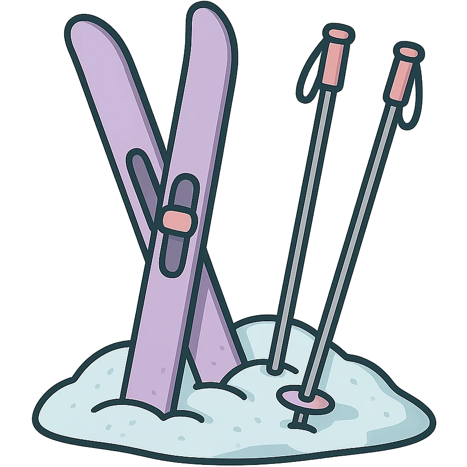 cross-country skis and poles on the sides, stuck at an angle into a snowdrift, with visible snow texture and soft shadows, detailed shading, thin clean outlines, soft rounded features, pastel palette #98B5BC #B5B3C1 #C9A3C9 #E4C0CA #F7DCD1 #F7C0AA, Japanese pop art, sticker look, highly detailed, vector clarity, soft lighting, subtle shadows, transparent background emoji