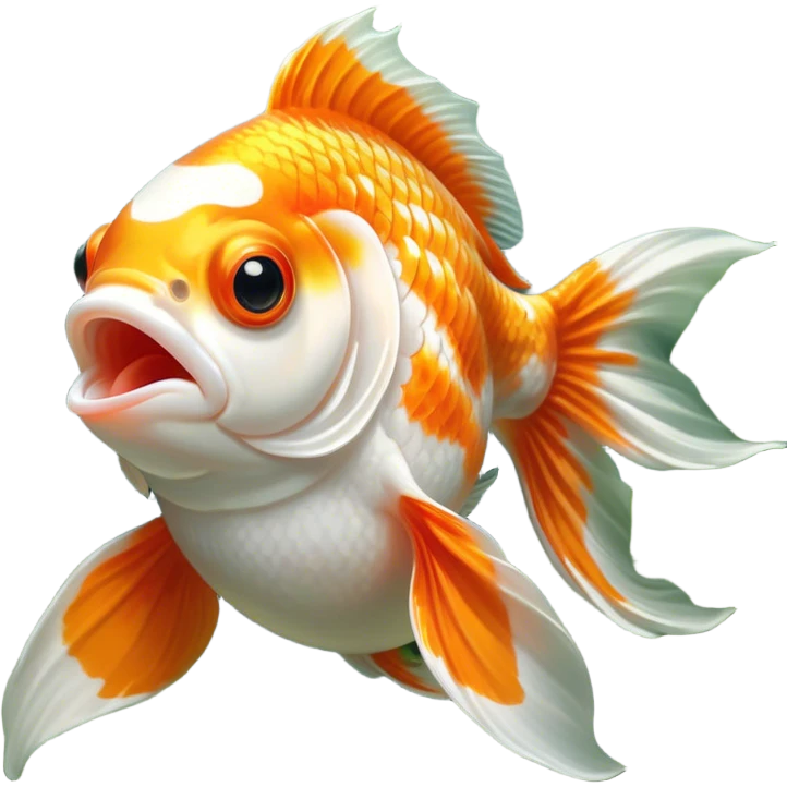 Cinematic Cute Yawning Orange and White Goldfish Portrait Emoji, Head tilted slightly with a dramatic, wide-open yawn, showcasing a smooth body with a balanced blend of orange and white, graceful fins slightly drooping, round golden eyes barely open in drowsy contentment, Simplified yet irresistibly adorable features, highly detailed, glowing with a soft, cozy glow, high shine, relaxed yet expressive, stylized with a touch of whimsy, bright and endearing, soft glowing outline, capturing the essence of a sleepy yet affectionate goldfish, so drowsy it feels like it could float out of the screen and curl up for a nap! emoji