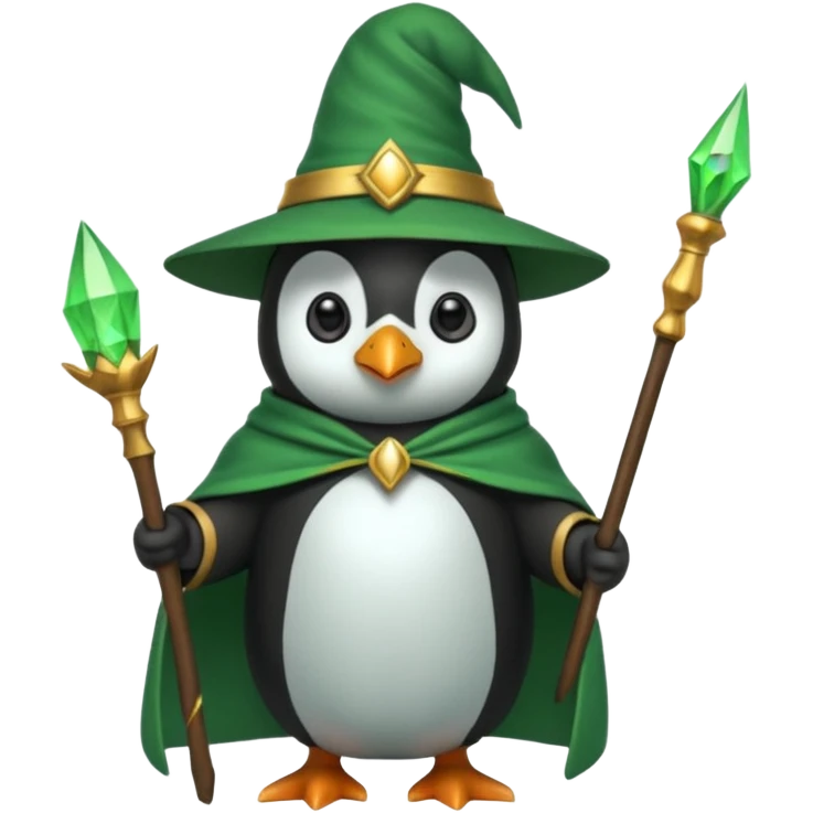 A penguin wizard with a green cape emoji