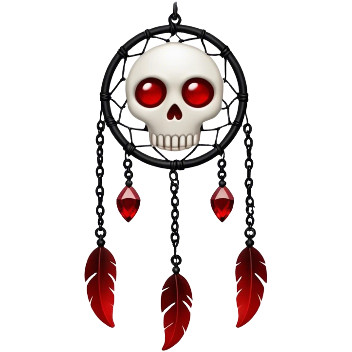 Blood-red, bloody, obsidian-black, edgy, dream catcher, red gemstones, black wires, black threads, tiny white skull, emoji