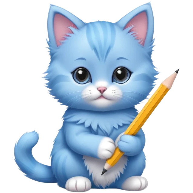 A cute blue kitten holding a pencil in its paw, writing something. The kitten has an adorable expression and is focused on the task. Minimalist, modern design with a playful and charming vibe. emoji