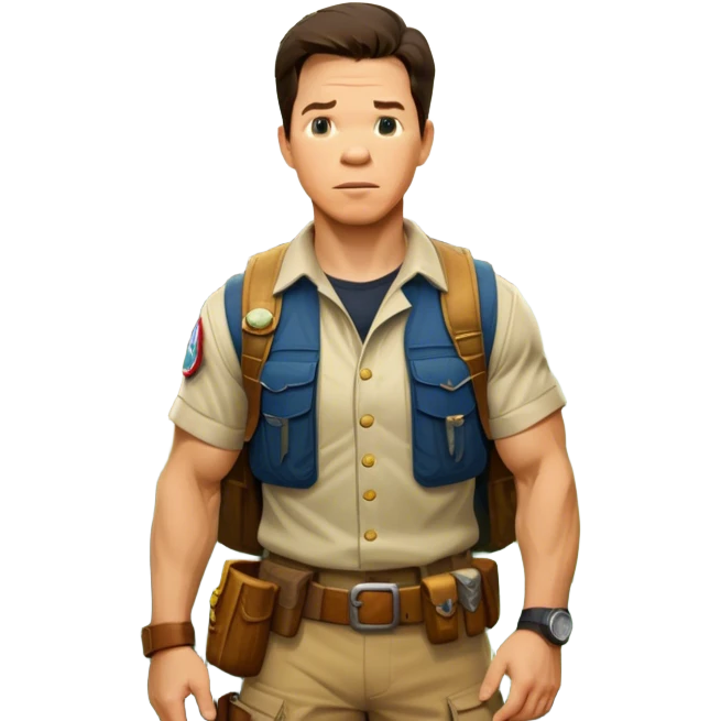 Icon for Adventure Movie: A vintage movie poster-style design featuring Mark Wahlberg in a jungle with a treasure map, wearing explorer gear. Include ancient ruins, treasure piles, and jungle foliage in the background. Exciting and adventurous cinematic feel. Transparent background. emoji