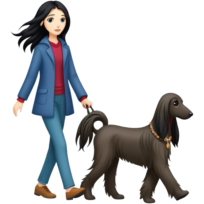 A girl with long black hair walking an Afghan hound emoji