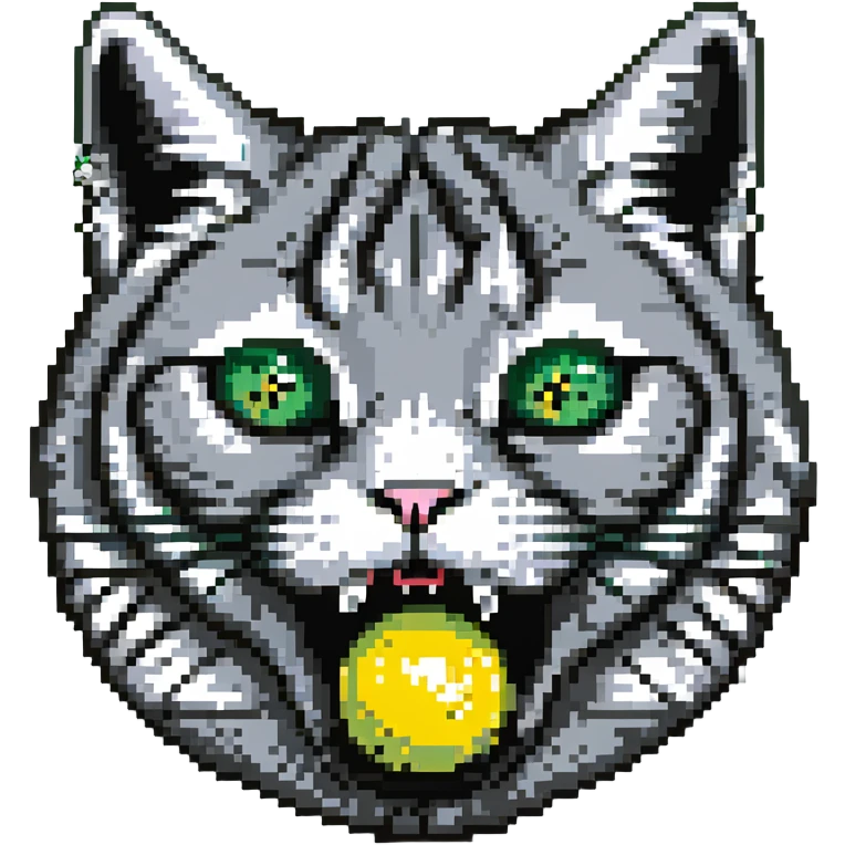 gray cat head with black stripes, large green eyes, big black pupils, mouth open, small solid yellow ball in mouth emoji