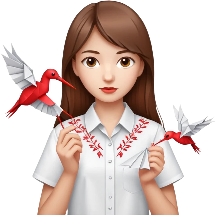 Ukrainian young girl with brown hair wearing a white embroidered shirt holds an origami red crane emoji