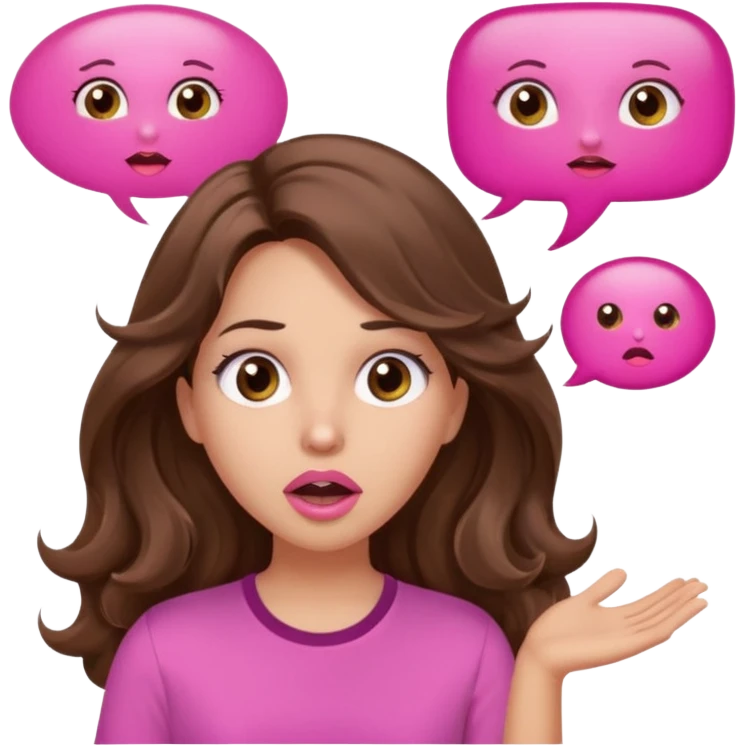 girl with long wavy brown hair, brown eyes, light to medium complexion, in a pink shirt, pink lips, long lashes, surprised, wow speech bubble emoji