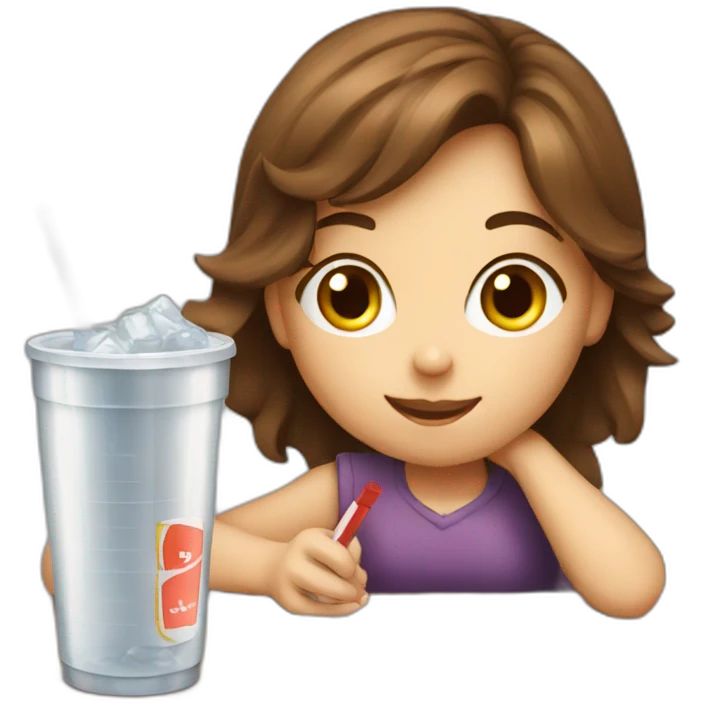 brown haired girl doing math and drinking soda emoji