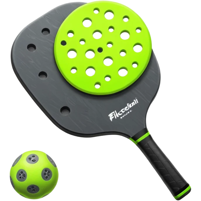 Modern Pickleball paddle, dark grey. Pickleball ball beside or on top the paddle florescent green at 45 degrees emoji