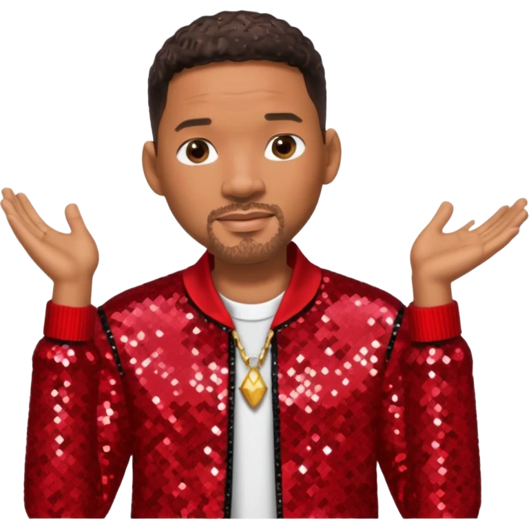 Will Smith with dark brown hair, red sequin outfit emoji