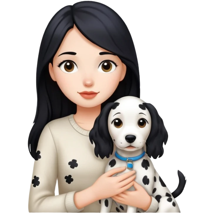 A girl with long black hair is holding a Dalmatian emoji